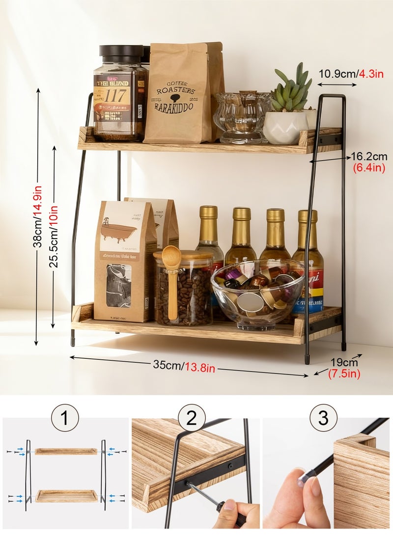 هومار كيت منظم سطح حوض الحمام، منظم ركن قهوة من طبقتين لسطح الحوض، ملحقات ومنظم ركن القهوة، تخزين توابل القهوة، رف توابل خشبي منظم للمطبخ والحمام والمكتب - Image 3
