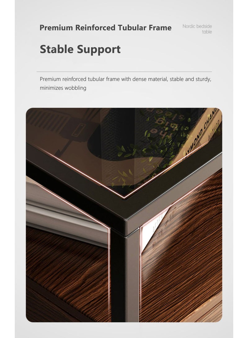 والالا طاولة سرير جانبية خشبية بأربعة طبقات مع أدراج تخزين، طاولات جانبية زجاجية، طاولة جانبية طويلة، طاولة جانبية نموذجية مع مكتب بجانب السرير، خزانة تخزين منزلية بدرجين، إطار معدني - Image 4