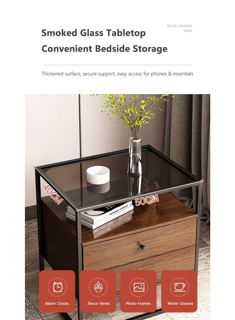 والالا طاولة سرير جانبية خشبية بأربعة طبقات مع أدراج تخزين، طاولات جانبية زجاجية، طاولة جانبية طويلة، طاولة جانبية نموذجية مع مكتب بجانب السرير، خزانة تخزين منزلية بدرجين، إطار معدني - Image 5