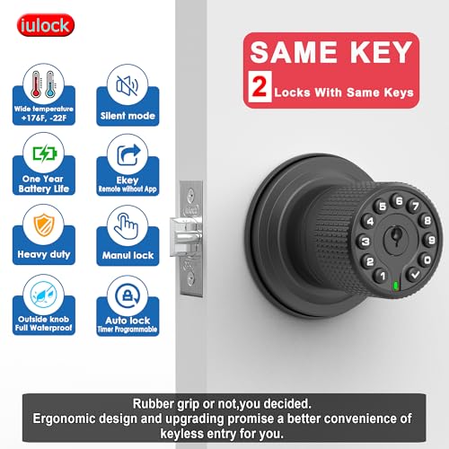 iulock Smart Door Knob with Keypad and Key,Keyless Entry Door Lock with Rubber Grip, Auto Lock,50 User Code,Waterproof, Easy to Install and Program for Bedroom (Matte Black Same Key 2 Pack) - Image 3