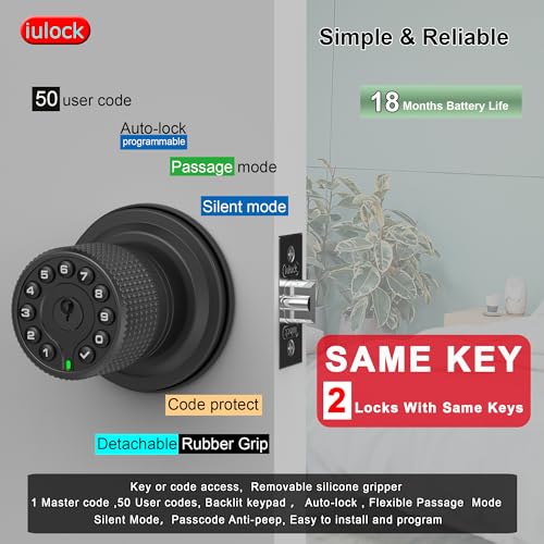 iulock Smart Door Knob with Keypad and Key,Keyless Entry Door Lock with Rubber Grip, Auto Lock,50 User Code,Waterproof, Easy to Install and Program for Bedroom (Matte Black Same Key 2 Pack) - Image 2