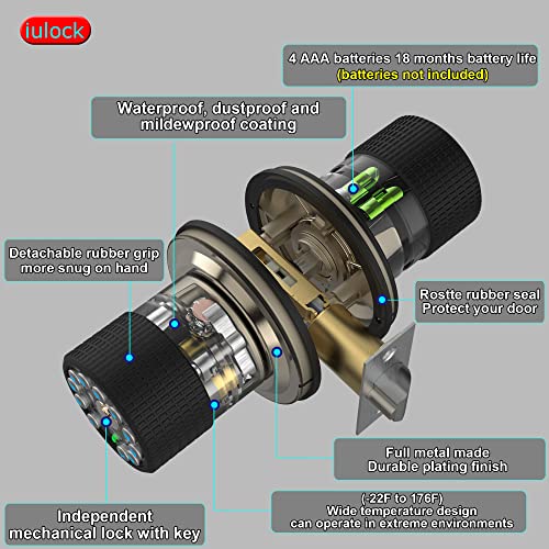 iulock Smart Door Knob with Keypad and Key,Keyless Entry Door Lock with Rubber Grip, Auto Lock,50 User Code,Waterproof, Easy to Install and Program for Bedroom (Matte Black Same Key 2 Pack) - Image 4