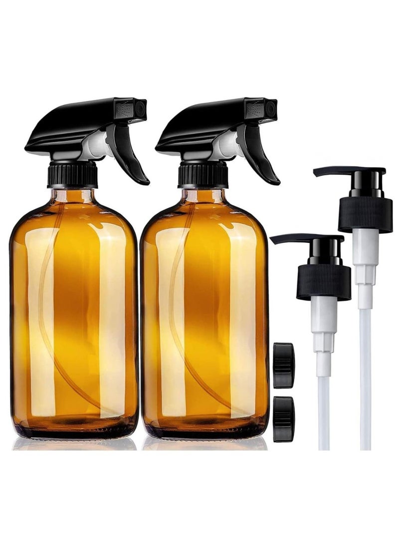 FUFU 16oz 2Pcs Glass Spray Bottles  Pump Bottle  Refillable Cosmetic Containers Brown Mist & Stream Mister for Essential Oil Products Shampoo Soap  - Image 1