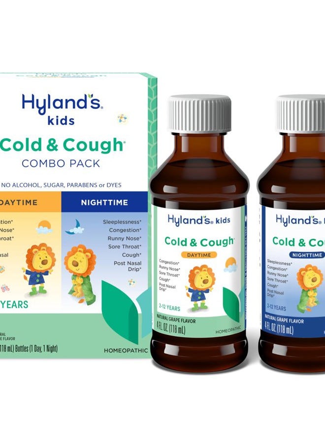 Hyland's Kids Cold and Cough, Day and Night Combo Pack, Cold Medicine for Ages 2 and up, Grape Flavor Syrup Cough Medicine for Kids, Nasal Decongestant, 4 Fl Oz (Pack of 2)  - Image 1