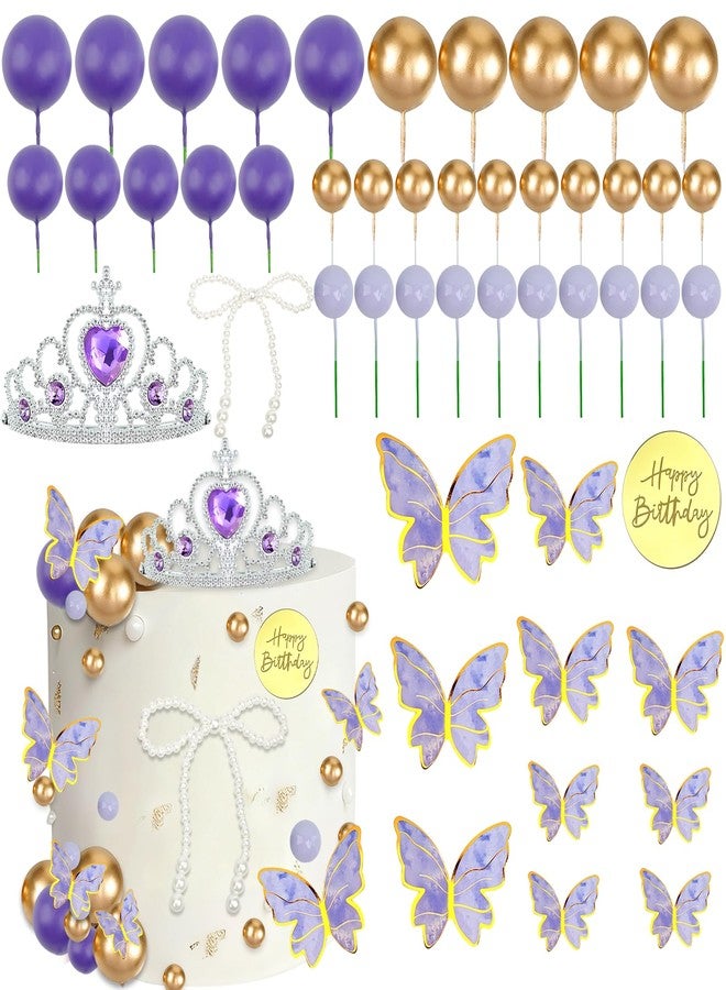 Morofme Purple Butterfly Cake Topper 48Pcs Purple Crown Cake Decorations Lavender and Gold Ball Cupcake Cake Toppers with Pearl Bow Princess Themed Cakes Decor for Wedding Baby Shower Birthday - Image 1