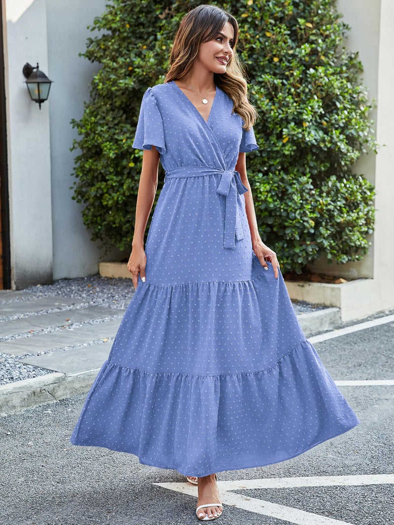 MASCOMODA Women Boho Swiss Dot Maxi Dresses Wrap V Neck Flutter Short Sleeve Solid Tie Waist A Line Tiered Flowy Long Dress(Light Blue,Large) - Image 4