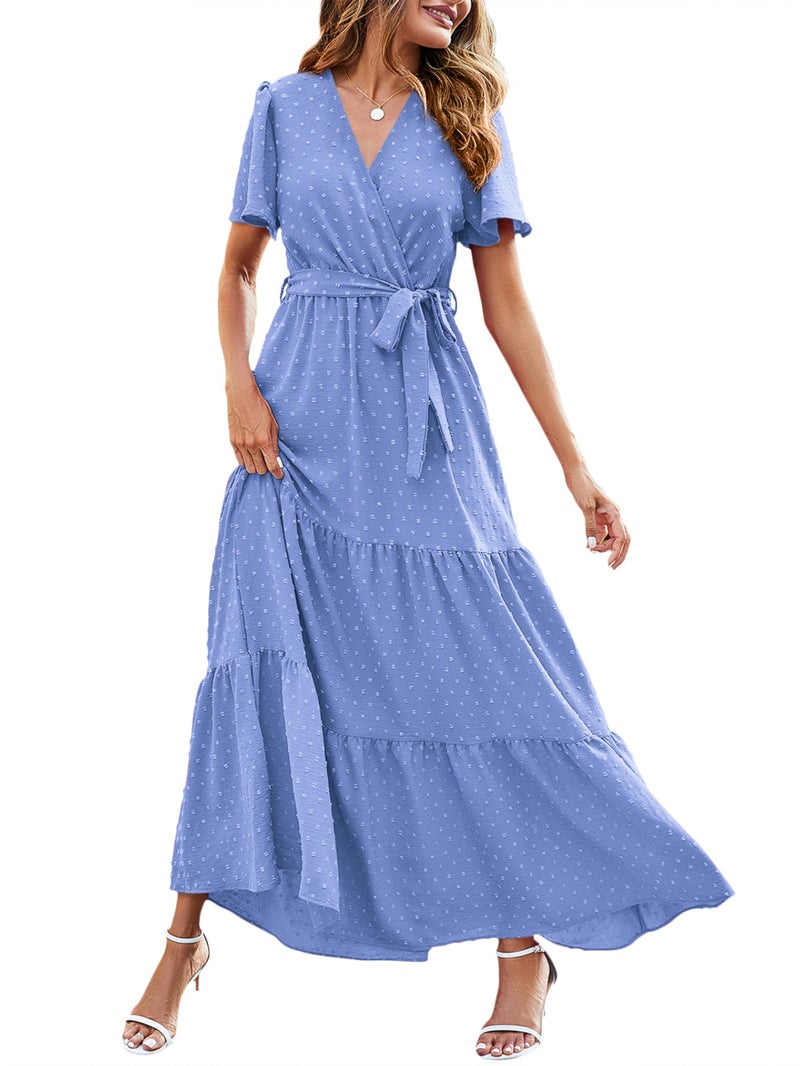 MASCOMODA Women Boho Swiss Dot Maxi Dresses Wrap V Neck Flutter Short Sleeve Solid Tie Waist A Line Tiered Flowy Long Dress(Light Blue,Large) - Image 1