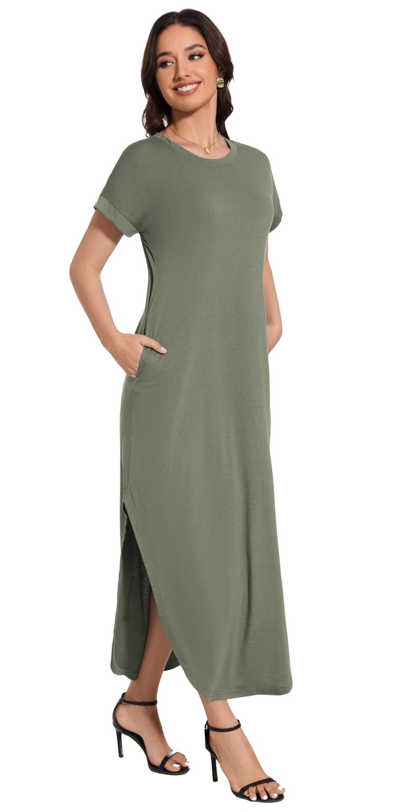 Jeqeocafy Women's Summer Casual Loose Sundress Long Dress Short Sleeve Crewneck Split Maxi Dresses with Pockets - Image 4