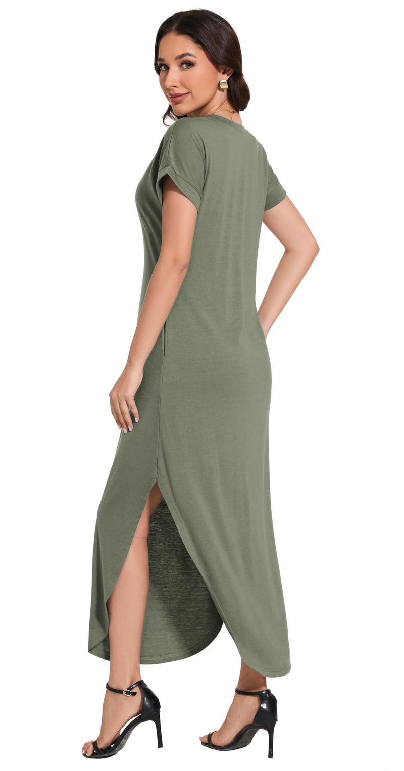 Jeqeocafy Women's Summer Casual Loose Sundress Long Dress Short Sleeve Crewneck Split Maxi Dresses with Pockets - Image 5