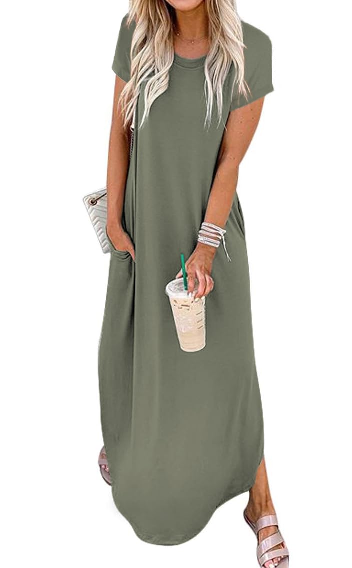 Jeqeocafy Women's Summer Casual Loose Sundress Long Dress Short Sleeve Crewneck Split Maxi Dresses with Pockets - Image 1