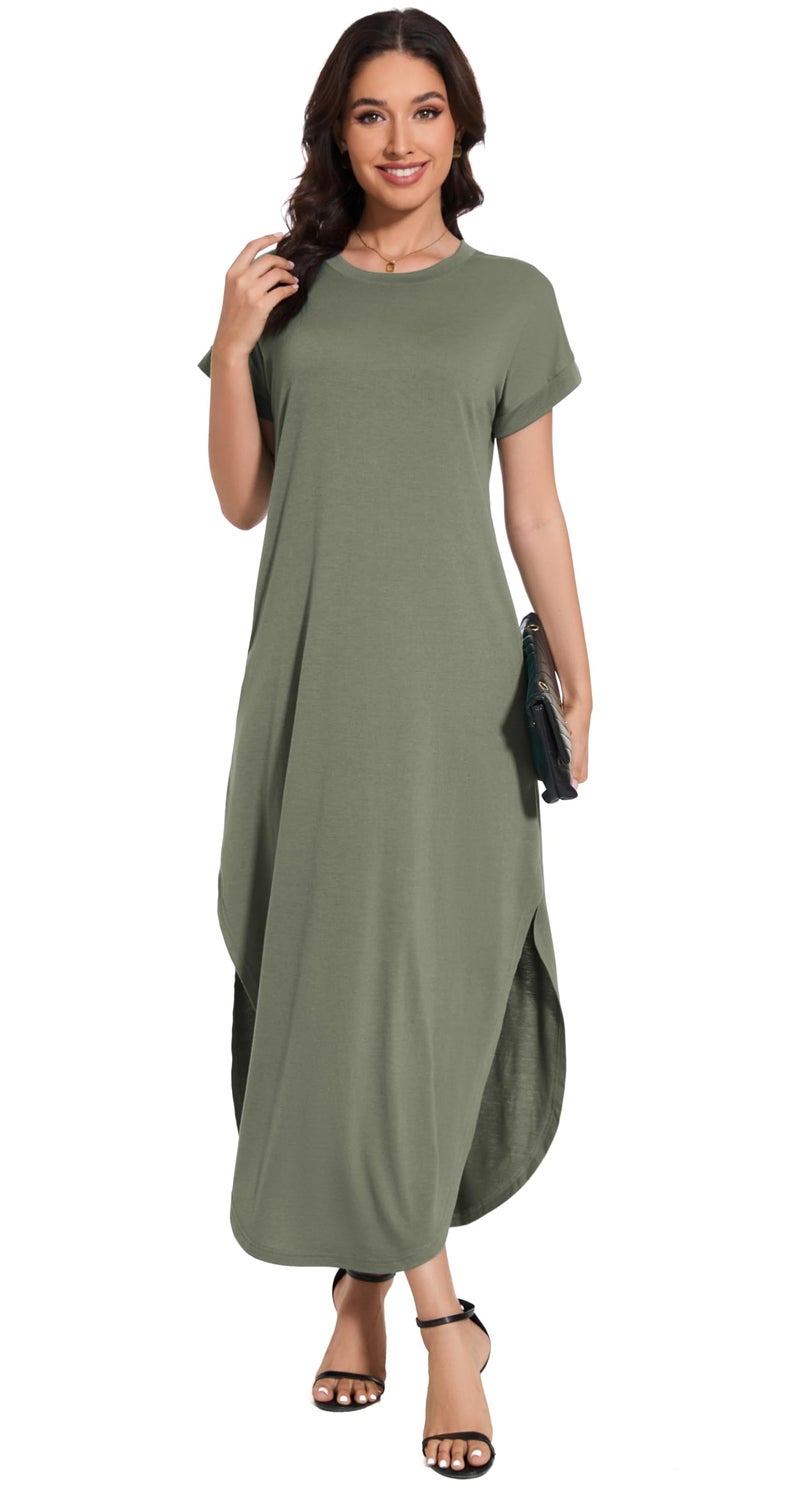 Jeqeocafy Women's Summer Casual Loose Sundress Long Dress Short Sleeve Crewneck Split Maxi Dresses with Pockets - Image 3