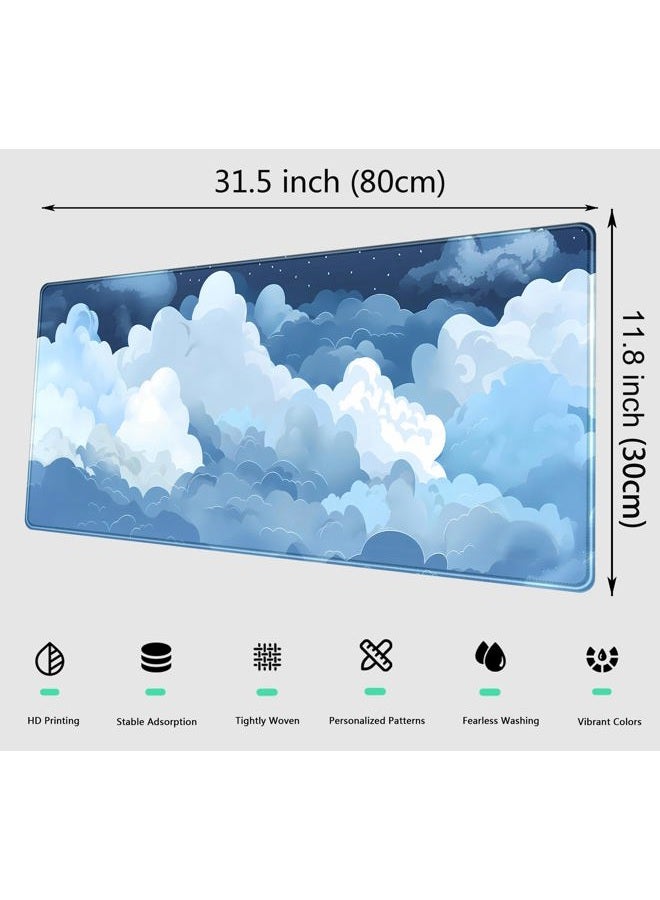 DCJJM Desk Mat Blue and White Puffy Clouds Desk Pad Cute Gaming Mouse Pad XL Large Mousepad Anime Desk Matt for Desktop, Laptop Computer Keyboard Mouse Mat for Women Office Decor Accessories 31.5x11.8 in - Image 2