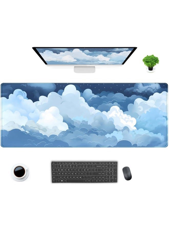 DCJJM Desk Mat Blue and White Puffy Clouds Desk Pad Cute Gaming Mouse Pad XL Large Mousepad Anime Desk Matt for Desktop, Laptop Computer Keyboard Mouse Mat for Women Office Decor Accessories 31.5x11.8 in - Image 1