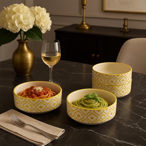 SEPARATE WAY Ceramic Bowls Flat Deep Serving Bowl Set of 4-500ml Glossy Moroccan Golden Finish Ideal for Pasta, Salad, Snacks & More Multipurpose Microwave & Dishwasher Safe - Image 2