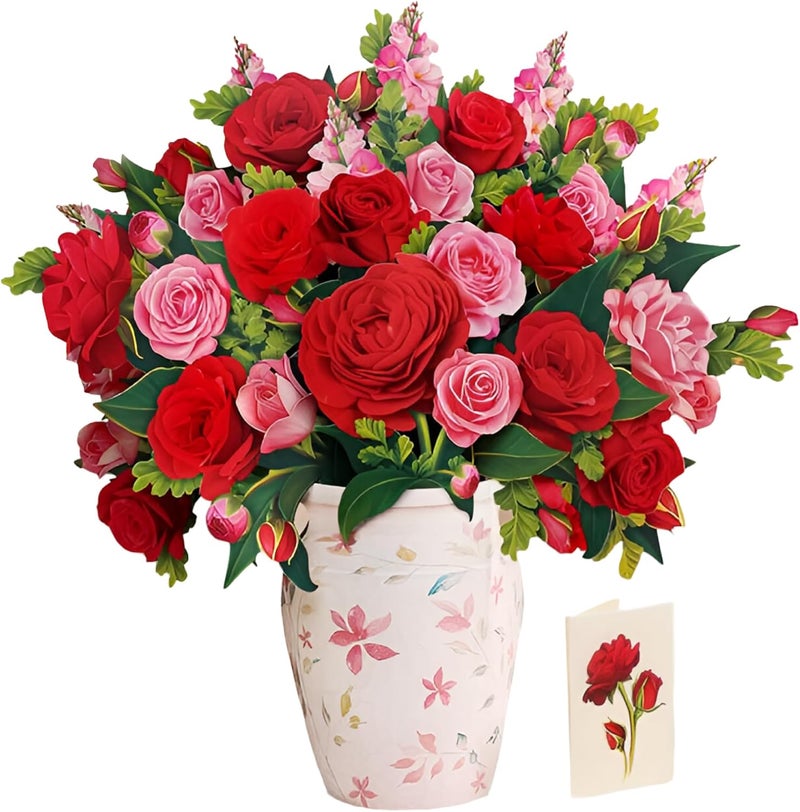 Freshcut Paper Pop Up Cards, Grande Blooming Roses, 18 Inch Life Sized Forever Flower Bouquet 3D Popup Greeting Card, Birthday Cards, Thank You Card, Blank Notecard & Envelope - Image 1