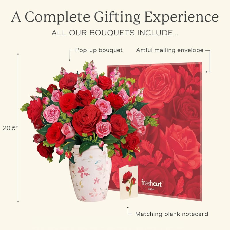 Freshcut Paper Pop Up Cards, Grande Blooming Roses, 18 Inch Life Sized Forever Flower Bouquet 3D Popup Greeting Card, Birthday Cards, Thank You Card, Blank Notecard & Envelope - Image 4
