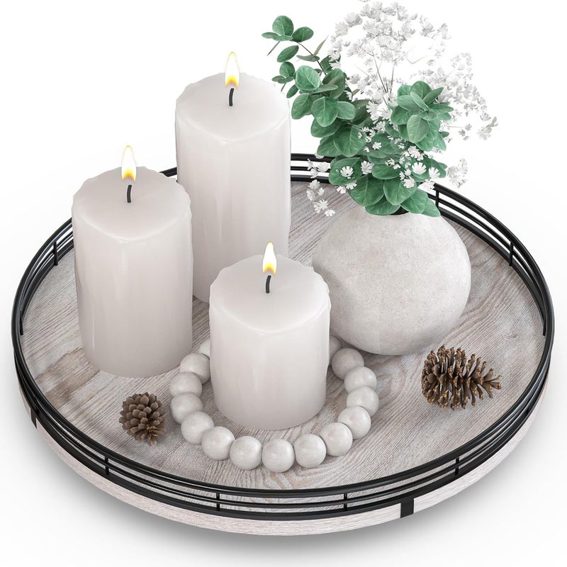 AMH 12" Farmhouse Lazy Susan for Kitchen & Coffee Table Decor – Rustic Wood Tray with Black Metal Frame, Decorative Centerpiece for Dining Room, Ottoman, Living Room, Serving or Vanity Use - Image 1
