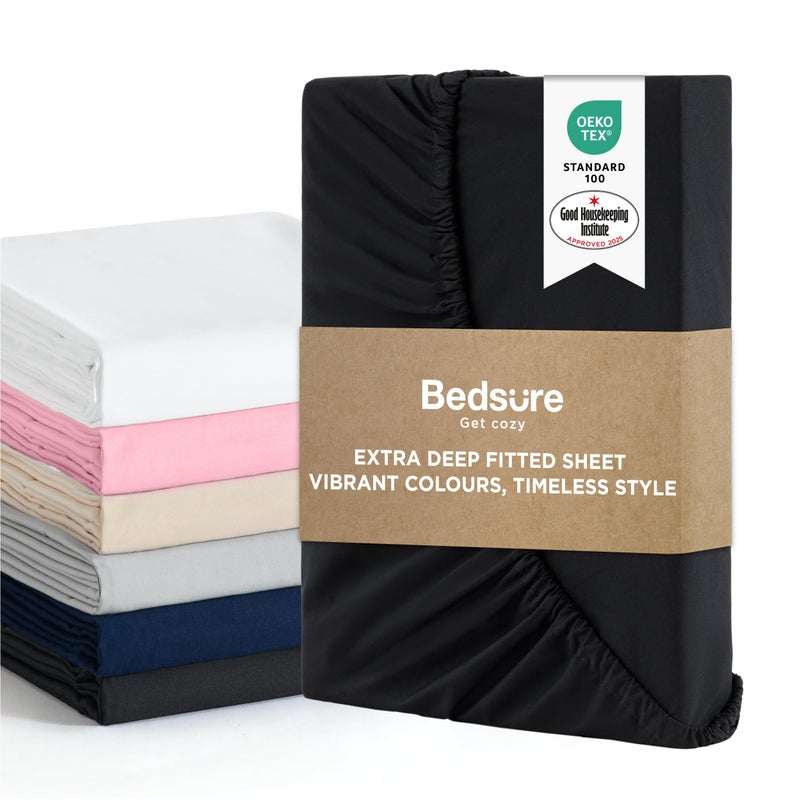 Bedsure Double Fitted Sheet Deep  Bed Sheets Extra Deep Pocket 16 inch 40 cm made of Soft Brushed Microfiber for Double Bed Black 135x190cm