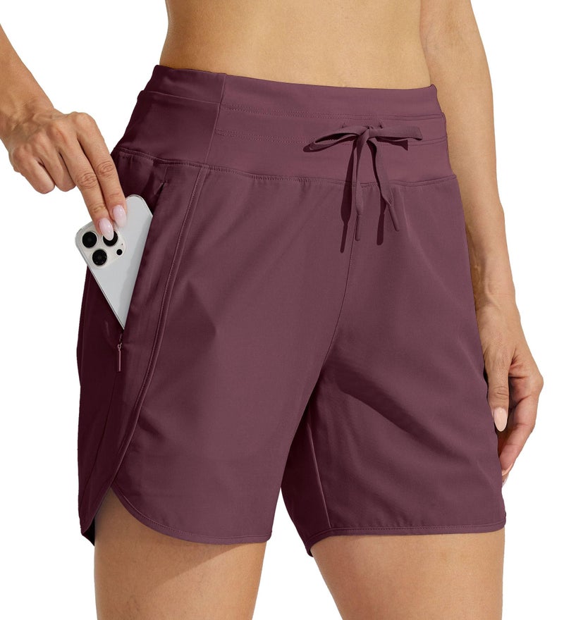 Willit Women's Athletic Running Shorts 5" Quick Dry Workout Hiking High Waisted Active Gym Exercise Zipper Pocket Dark Red L - Image 1