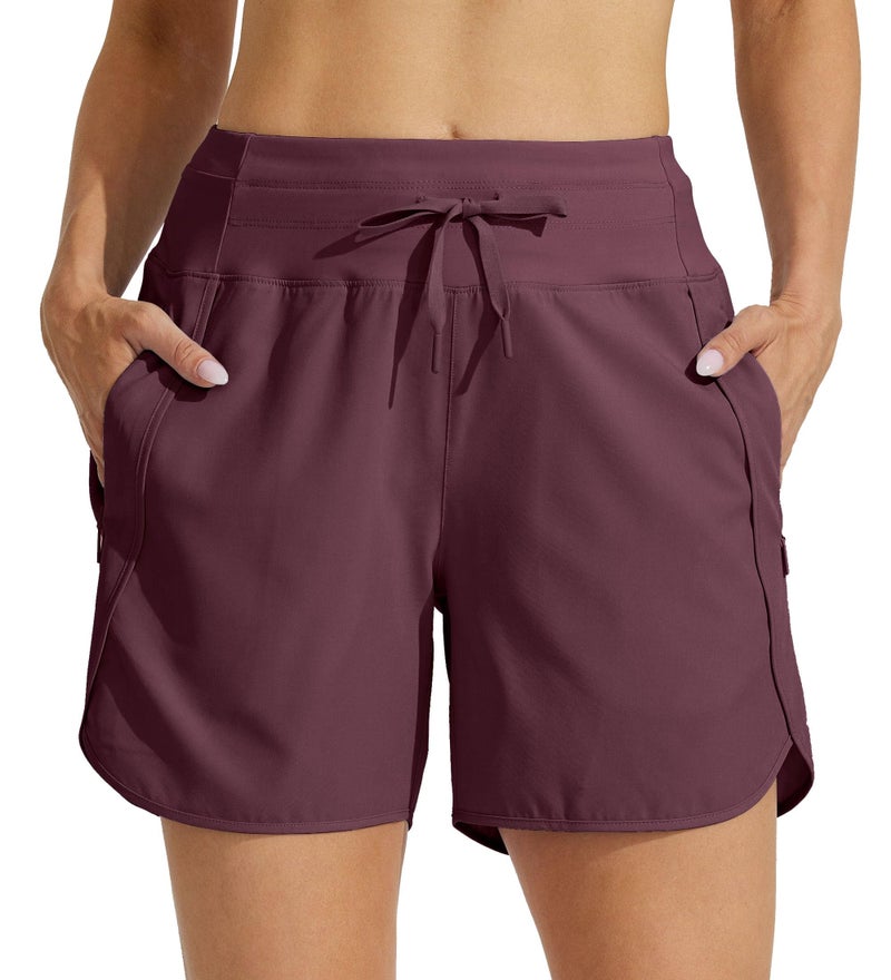 Willit Women's Athletic Running Shorts 5" Quick Dry Workout Hiking High Waisted Active Gym Exercise Zipper Pocket Dark Red L - Image 3