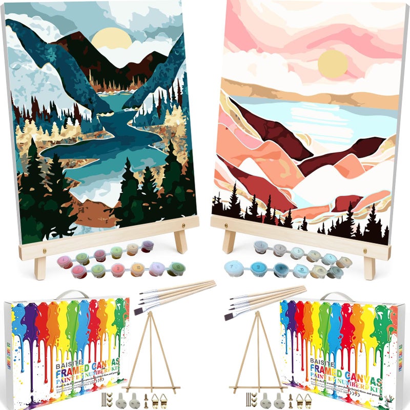 BAISITE Paint by Numbers Kit for Adults Beginners,8" Wx12 L 2 Pack Canvas for Painting Kits for Adults in Colorful Box 1112-ALREADY Framed - Image 1