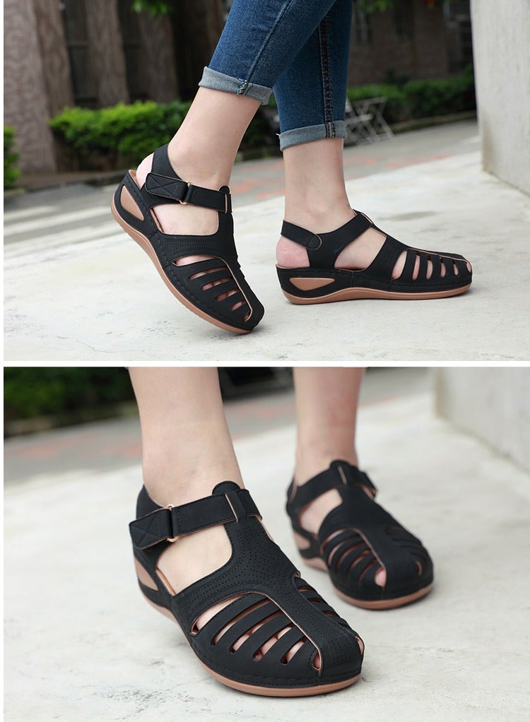Summer Hollow Out Retro Wedge Sandals Black - Image 3