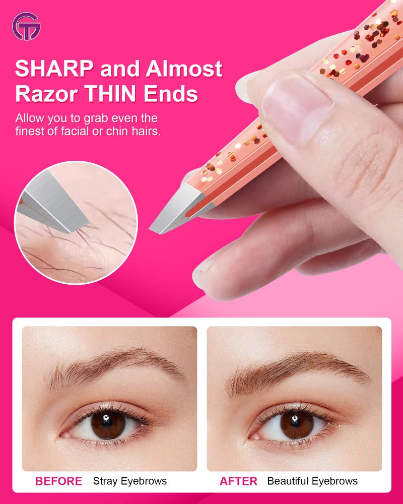 GlamTweeler Expert Slant Tip Tweezers with Leather Case, GlamTweeler Sharp & Precision Stainless Steel Tweezer for Eyebrows, Facial Hair and Fine Hairs Removal (Glitter Rose Gold) - Image 4