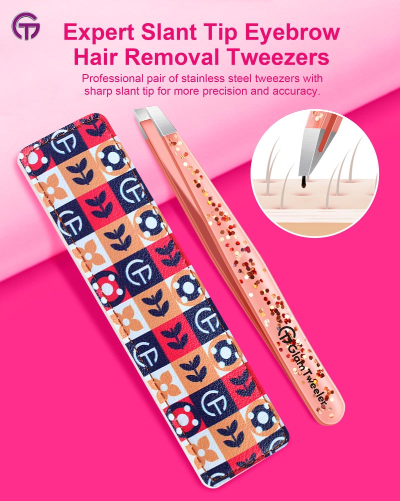 GlamTweeler Expert Slant Tip Tweezers with Leather Case, GlamTweeler Sharp & Precision Stainless Steel Tweezer for Eyebrows, Facial Hair and Fine Hairs Removal (Glitter Rose Gold) - Image 2