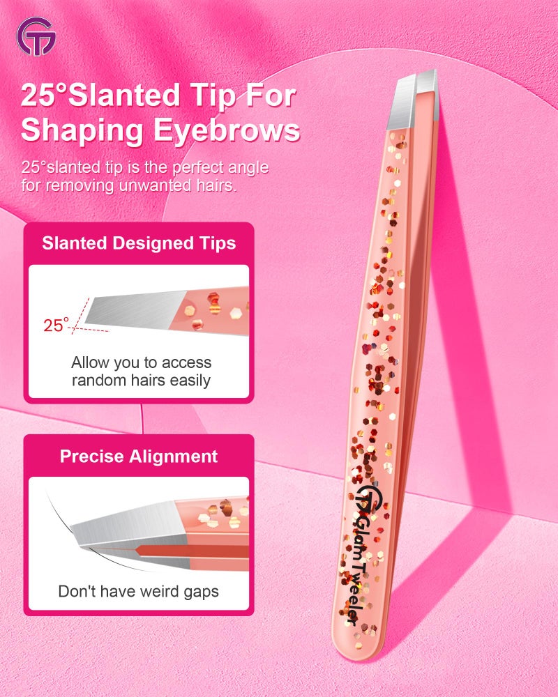 GlamTweeler Expert Slant Tip Tweezers with Leather Case, GlamTweeler Sharp & Precision Stainless Steel Tweezer for Eyebrows, Facial Hair and Fine Hairs Removal (Glitter Rose Gold) - Image 3