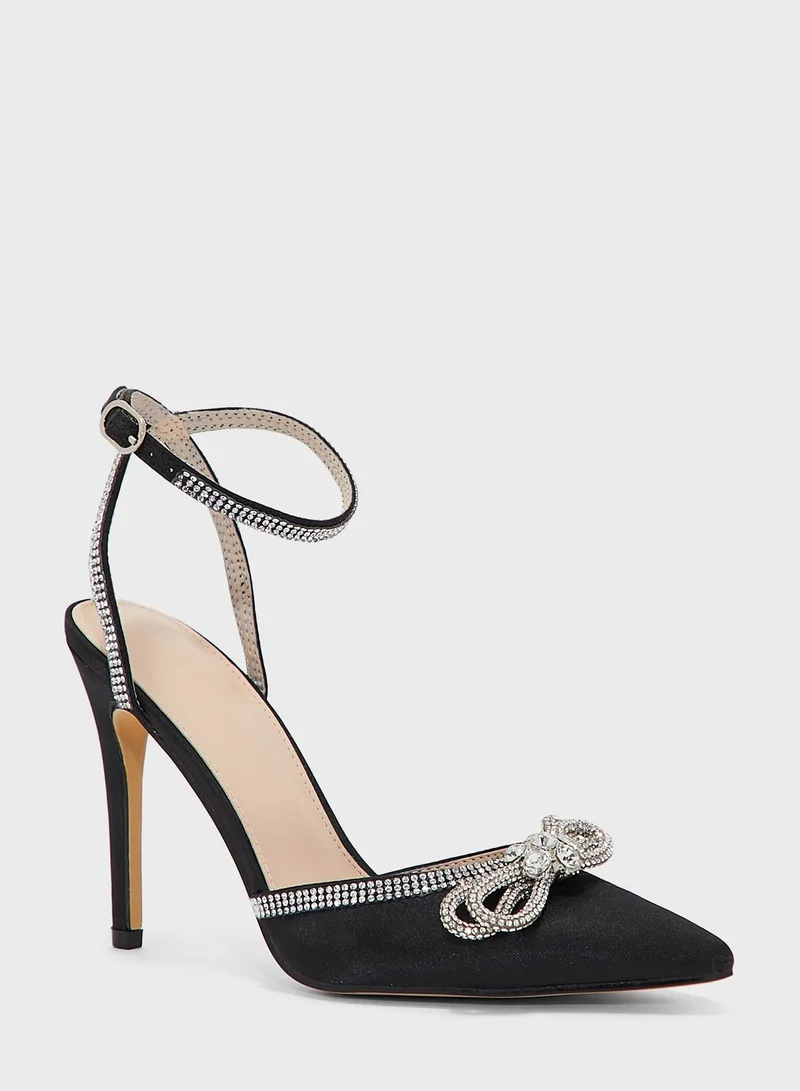 Truffle Satin Diamante Bow And Trim Pointed Pump
