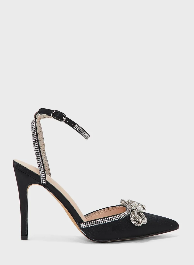 Truffle Satin Diamante Bow And Trim Pointed Pump