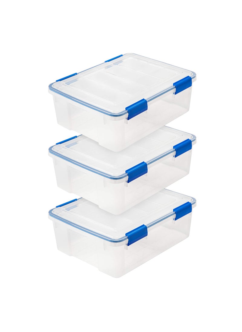 IRIS IRIS USA WeatherPro 27 Qt Storage Bins with Lids 3 Pack BPAFree Plastic Gasket Box with Tight Latch and Seal Stackable Nestable Tote Tub  ClearBlue 
