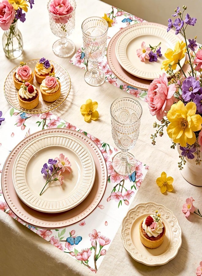 Greencian 50 Pcs Flower Bird Butterfly Placemats 11" x 17" Spring Cherry Blossom Disposable Paper Place Mats Hummingbird Floral Decorative Table Mats for Wedding Birthday Bridal Baby Shower Party Decorations - Image 5