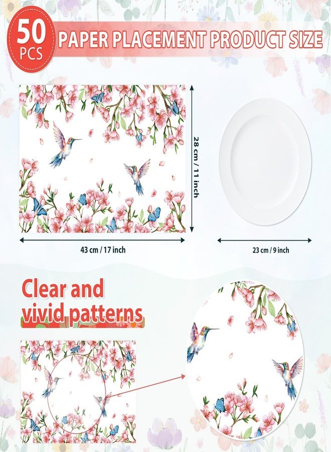 Greencian 50 Pcs Flower Bird Butterfly Placemats 11" x 17" Spring Cherry Blossom Disposable Paper Place Mats Hummingbird Floral Decorative Table Mats for Wedding Birthday Bridal Baby Shower Party Decorations - Image 2