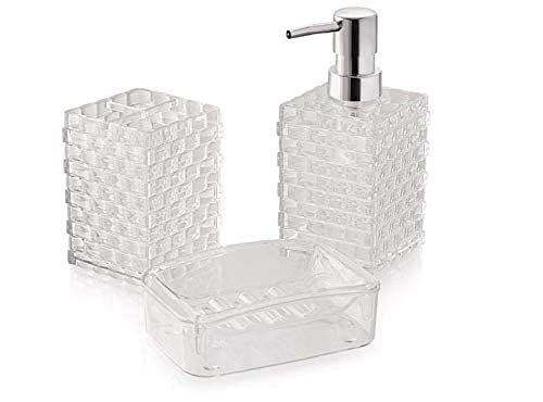 HOUSE HATCH Acrylic Cuboid Bathroom Set, 3-Piece Soap Dispenser, Brush & Toothpaste Holder, Soap Dish, Transparent White - Image 1
