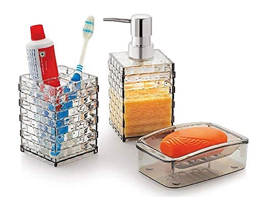 HOUSE HATCH Acrylic Cuboid Bathroom Set, 3-Piece Soap Dispenser, Brush & Toothpaste Holder, Soap Dish, Transparent White - Image 2