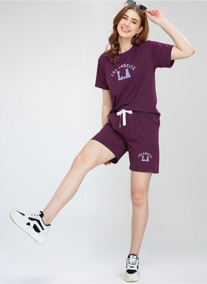 Zeyo Women Printed Co-Ords - Burgundy T-Shirt and Shorts Set - Image 3