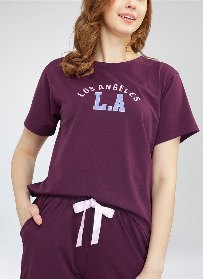 Zeyo Women Printed Co-Ords - Burgundy T-Shirt and Shorts Set - Image 2