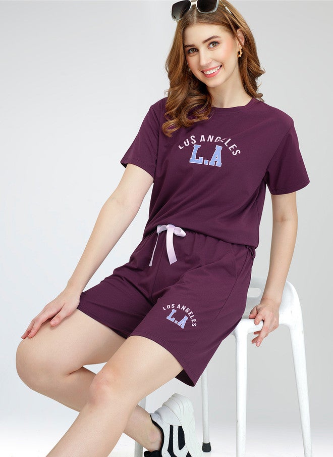 Zeyo Women Printed Co-Ords - Burgundy T-Shirt and Shorts Set - Image 1