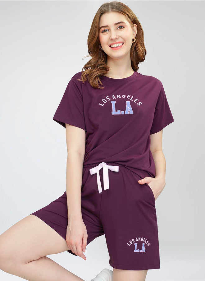 Zeyo Women Printed Co-Ords - Burgundy T-Shirt and Shorts Set - Image 4