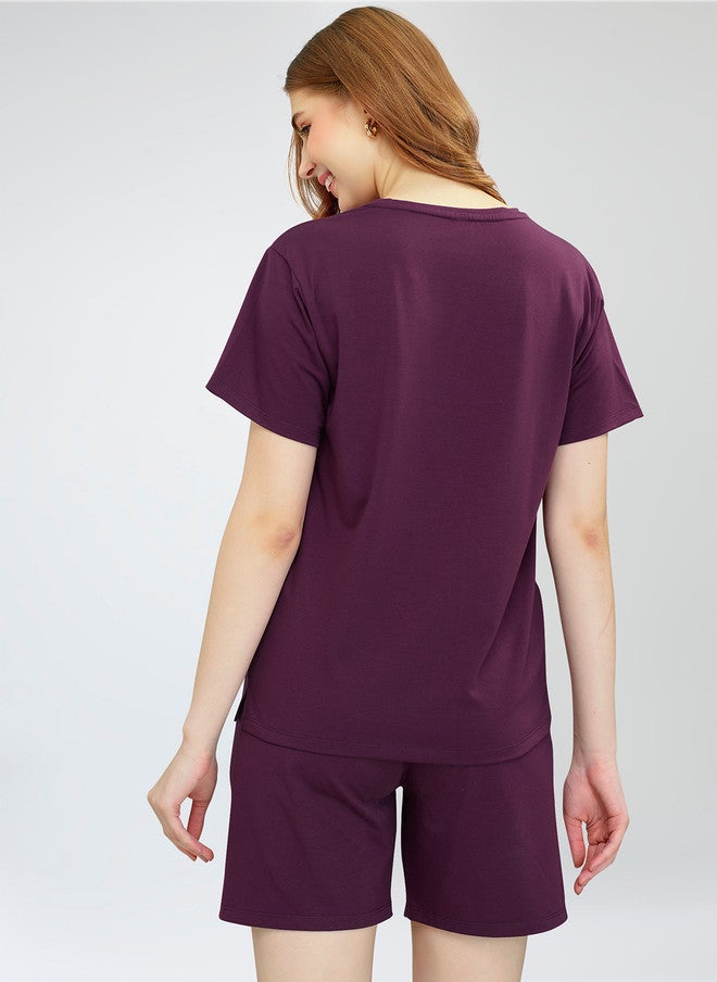Zeyo Women Printed Co-Ords - Burgundy T-Shirt and Shorts Set - Image 5