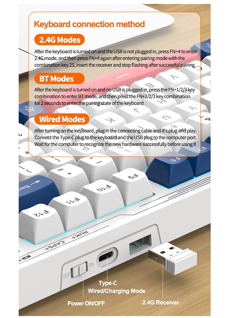 ARNOTEC - VK98 wireless keyboard, Bluetooth/2.4G Wireless/USB Wired 3 Modes，Single color light, 7 switchable backlight colors, breathing light 98 keys 3 colors gaming keycap office silent keyboard - Image 1