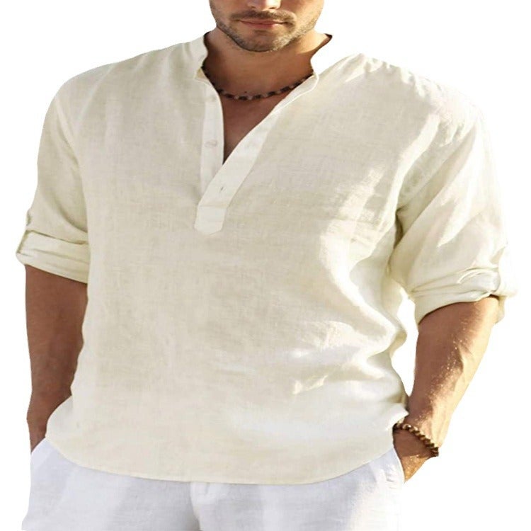 2023 Men'S Linen Long-Sleeved T-Shirt Loose Undershirt Solid Color Long-Sleeved Cotton And Linen Shirt Men'S Plus Size Generation Hair - Image 4