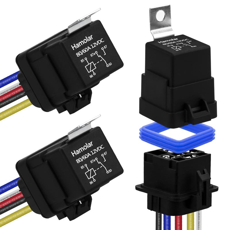Hamolar 3 Pack 80/60 AMP 12V DC Waterproof Car Relay and Harness - Heavy Duty 12 AWG Copper Wires, 5-PIN SPDT Bosch Style Automotive Relays Kit - Image 1