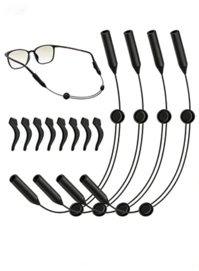 4 Pack Adjustable Glasses Strap – No Tail Anti-Slip Eyewear Retainer with 4 Pairs Ear Cushions, Universal Fit for Sunglasses & Eyeglasses, Men Women