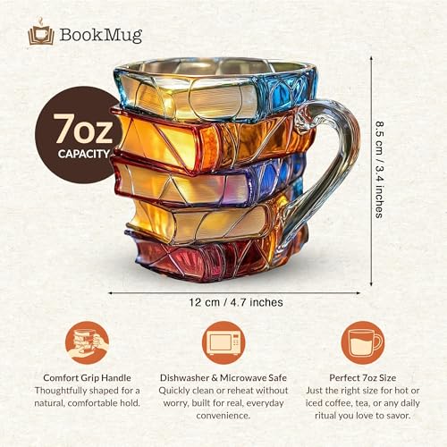 FREEZE2TRIM Chapter Book Mug Glass 3D Book Mugs Birthday Gift For Women Stained Glass Cups with Stack Design Artistic Reading Coffee Cup Unique Literary Friendship Gifts for Women Friends Readers 7oz - Image 3