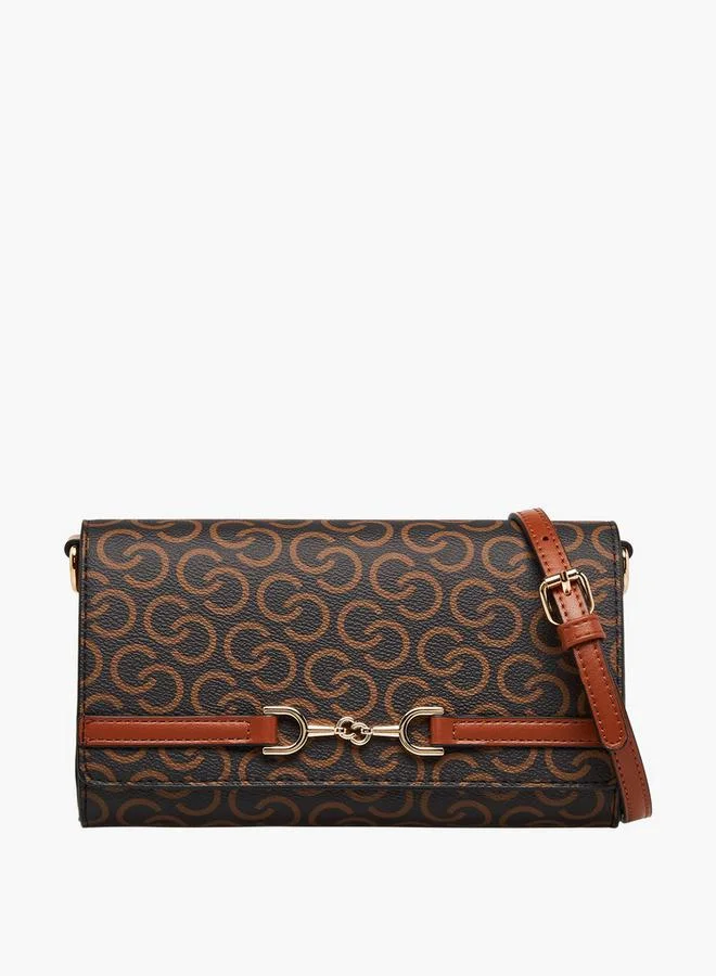 Monogram Print Crossbody Bag with Button Closure