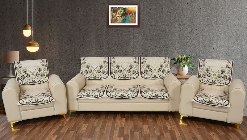Yellow Weaves 5 Seater Quilted Sofa Cover and Chair Cover, Floral Design, Seat & Back Cover, Color - Ivory - Velvet - Image 1