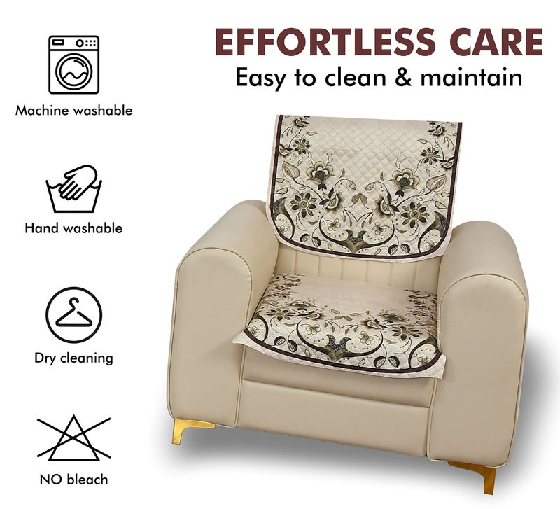 Yellow Weaves 5 Seater Quilted Sofa Cover and Chair Cover, Floral Design, Seat & Back Cover, Color - Ivory - Velvet - Image 2
