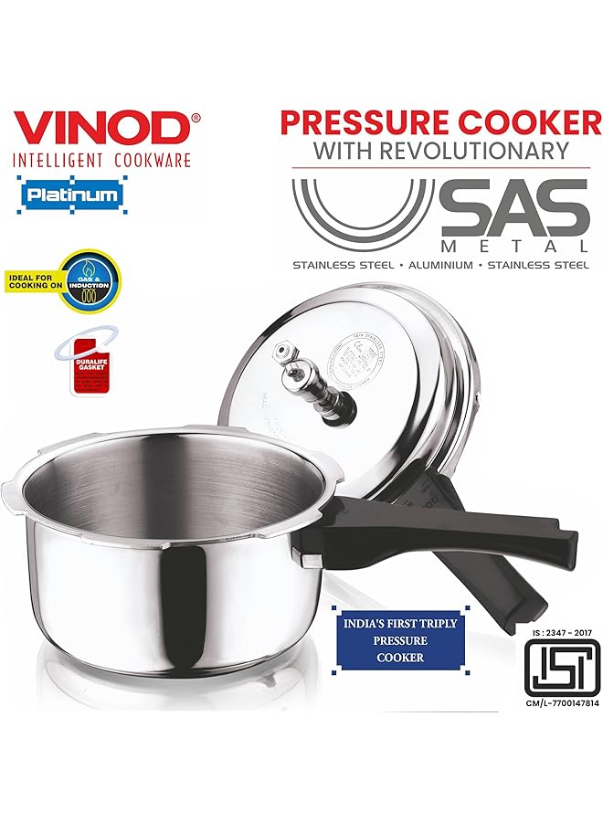 VINOD Platinum Triply Stainless Steel Outer Lid Pressure Cooker 3 L - Image 4